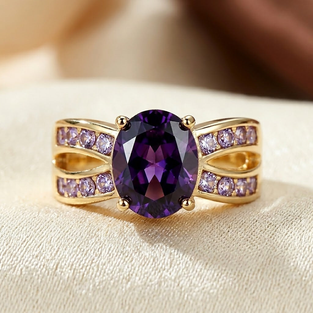 Anillo Banda Dividida de Oro con Amatista