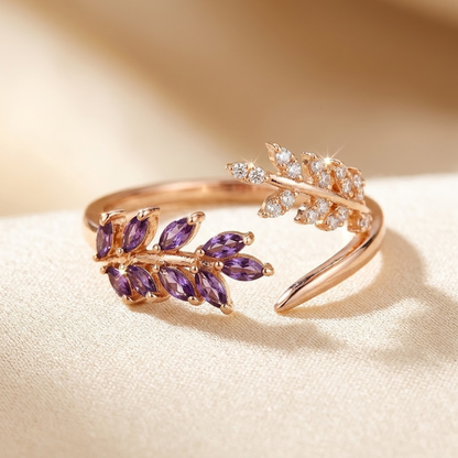 Anillo Hoja de Oro con Amatista