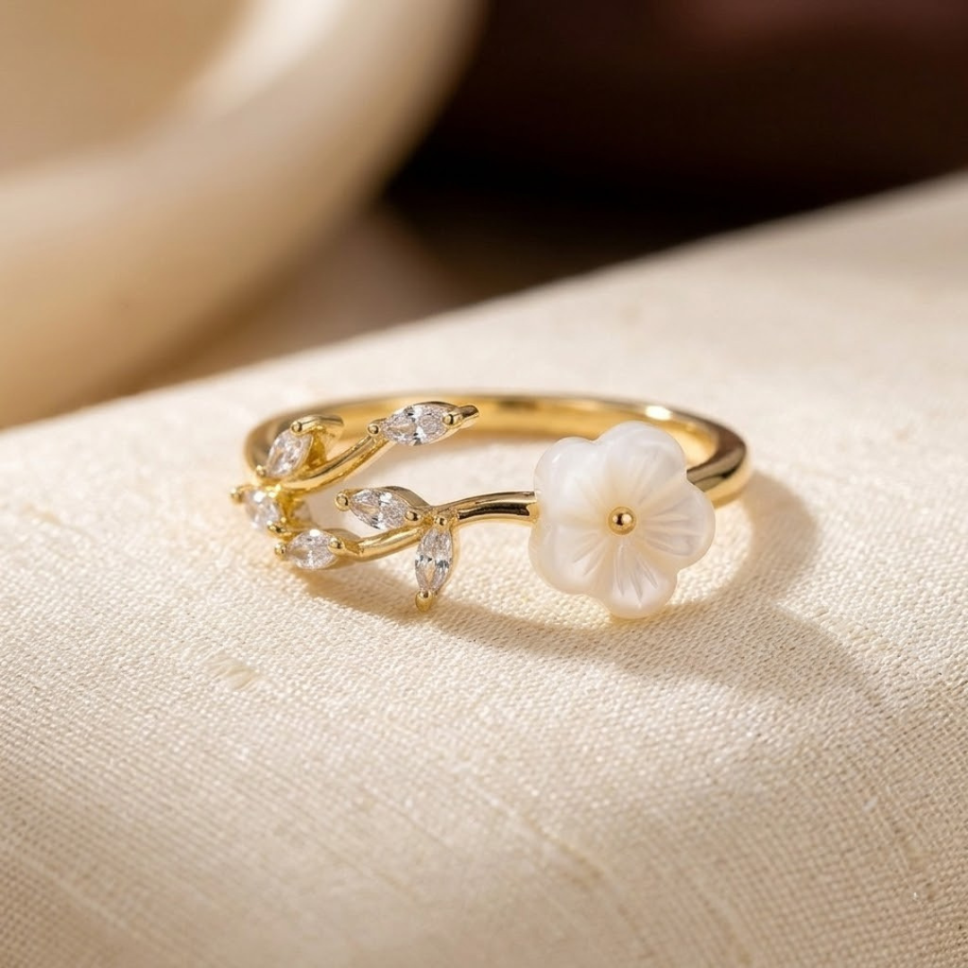 Anillo Abierto Flor y Hoja de Oro