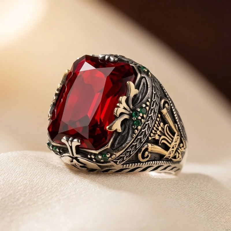 Anillo Sello Ornamentado de Plata con Rubí