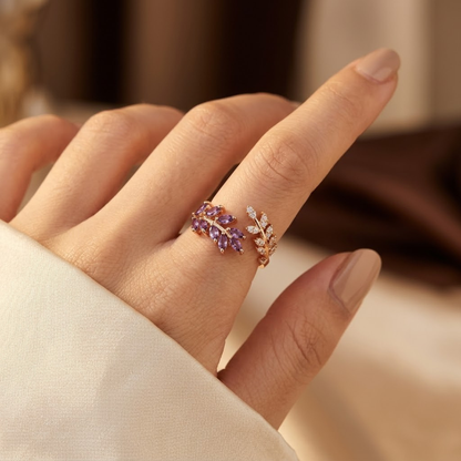 Anillo Hoja de Oro con Amatista