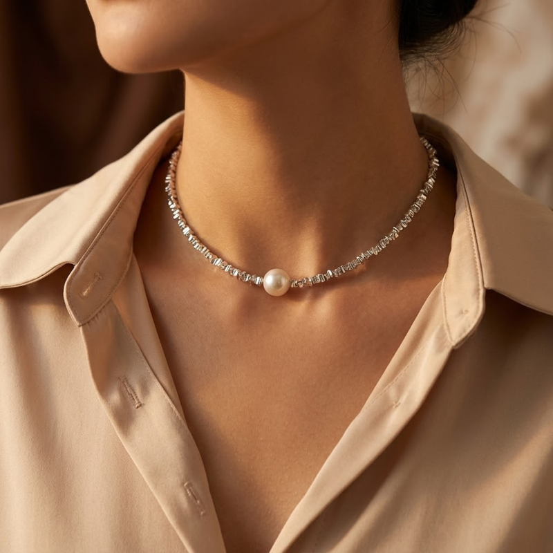 Minimalistinen hopeinen choker helmellä