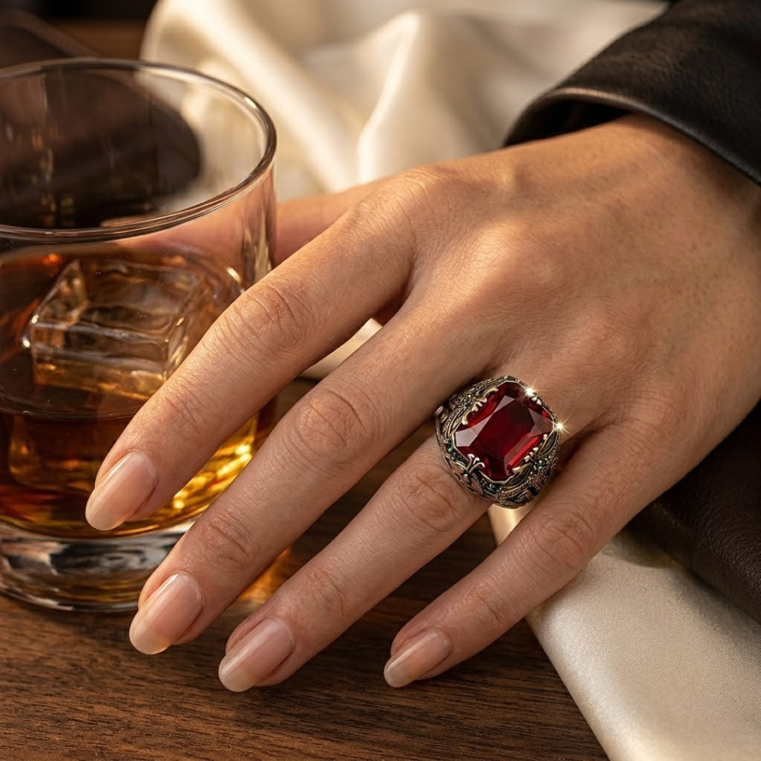 Anillo Sello Ornamentado de Plata con Rubí