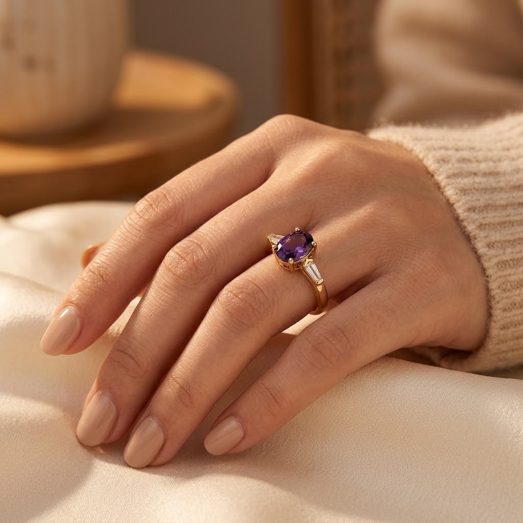 Anillo Tres Piedras de Oro con Amatista