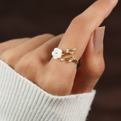 Anillo Abierto Flor y Hoja de Oro