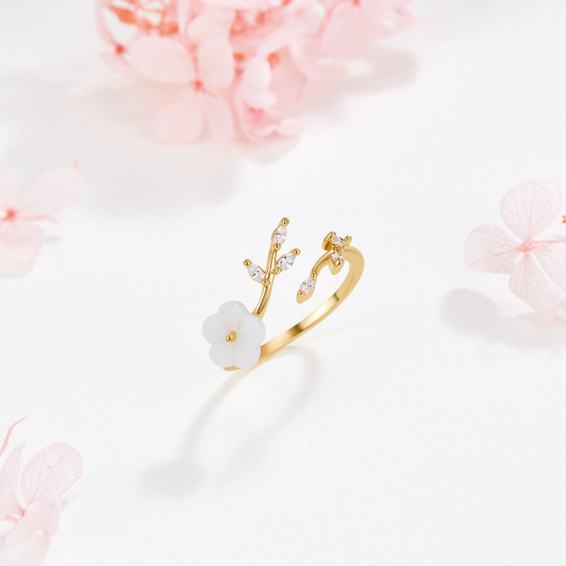 Anillo Abierto Flor y Hoja de Oro
